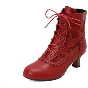 Dames Korte Veterlaarzen Retro Middeleeuws Enkellaarsjes Kant Patchwork Enkellaarsjes Met Hak Herfst Winter PU-nahka Hoge Hakken Elegante Enkelschoenen for Feest(Red,40 EU)