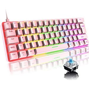 Mini 60% Mechanisch Gaming-Toetsenbord met Compact 62 Toetsen,19 RGB Chroma LED Backlit,Type-C Cable, QWERTY UK Layout, Full-key Anti-Ghosting voor PC, Laptop,Mac-Roze/Blauw Schakelaar