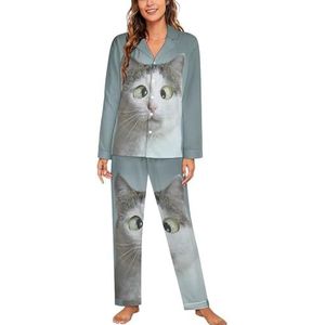 Grappige Cross-eye Kat Vrouwen Lange Mouw Button Down Nachtkleding Zachte Nachtkleding Lounge Pyjama Set S