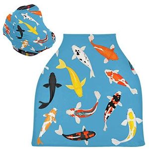 Blue Fishes-Set Baby Autostoelhoes Luifel Stretchy Nursing Covers Ademend Winddicht Winter Sjaal voor Baby Borstvoeding Jongens Meisjes