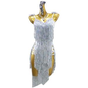 MLYYX Pailletten Kwastje Latin Modern Wedstrijdkostuum Backless Cha Cha turnpakjes Rumba Samba Performance Dansjurk, Zilver, M