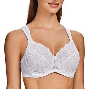 MELENECA Dames Niet-voorgevormde Grote Borsten Beugel Volle-cup Flora Kanten beha Wit 85E