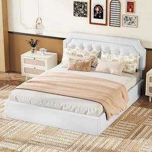 Aunvla 160 x 200 cm plat bed, gestoffeerd bed, hydraulisch tweeweg-bed, minimalistisch design, stijlvolle bekleding, wit