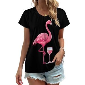 Flamingo Drinken Vrouwen V-hals T-shirts Leuke Grafische Korte Mouw Casual Tee Tops XL