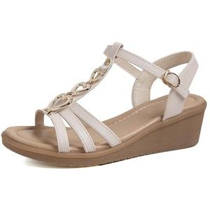 Elegante Damessandalen Met Liefdesgesp Zomer Nieuwe Sleehak Sandalen PU-leer Peep Toe Pantoffels Retro Romeinse Sandalen Vrije Tijd Bohemen Strandschoenen(White,36 EU)