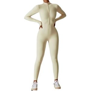 ROEUIPG Jumpsuit voor dames met ritssluiting, lange mouwen, yoga-set, fitnesskleding, trainingskleding, sportpak, zeer sterke sportkleding, fitnesspak (abrikoos, XL)