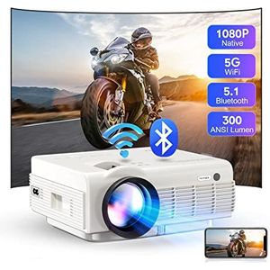 Projector met 5G WiFi en Bluetooth, Native 1080P Full HD, Mini draagbare buitenprojector 4K ondersteund, Home Cinema Projector voor Telefoon Laptop TV Stick/Box iOS Android Windows