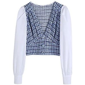 HJUGHPN Dames Blouses Vrouwen Top Getextureerde Patchwork Vrouw Blouse Lange Mouwen Top Vrouwelijke Knopen Vrouwen, Blauw, L