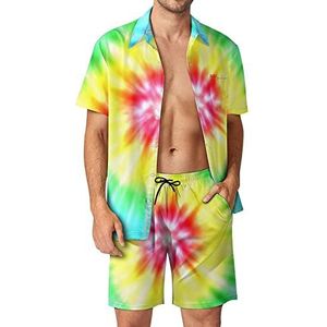Realistische tie-dye Hawaiiaanse bijpassende set voor heren, 2-delige outfits, button-down shirts en shorts voor strandvakantie