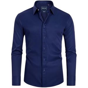 DEMEANOR Overhemd met lange mouwen voor heren, slim fit, strijkvrij, vrijetijdshemd, Marineblauw, M