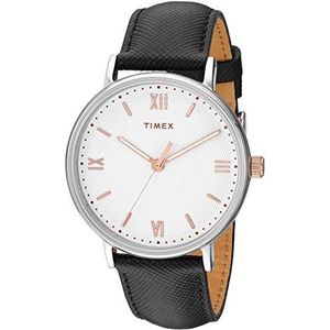 Timex Mannen analoog quartz horloge met lederen band 1682118174-$P, Zwart/Wit/Rose Goudkleurig, Quartz Beweging