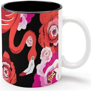 Grafische Rode Flamingo Onder Rozen Gepersonaliseerde Koffiemok Koude Dranken Warme Melk Thee Cup Zwarte Voering Keramiek Tumbler met Handvat Gift voor Vrouwen Mannen 11oz