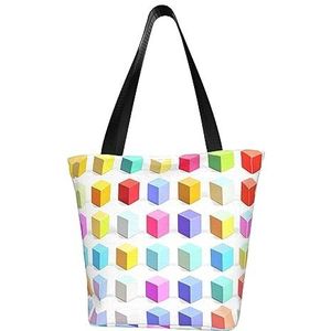 AkosOL Kleurrijke kubussen klassiek bedrukt ontwerp, lichtgewicht gewatteerde handtas met grote capaciteit, geschikt om te winkelen, fitness, modieus en gemakkelijk te matchen met het leven, Zwart,