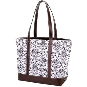 Laptop Tote tas met beige en grijs damast print, draagtas schoudertas casual canvas zakelijke werk draagtas aktetas voor computer school kantoor