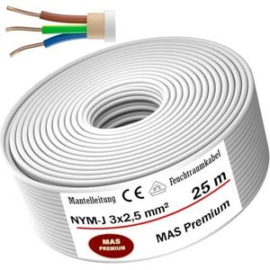 MAS Premium Kabel voor vochtige ruimtes stroomkabel 5-200m mantelijn NYM-J 3x1, 5 2,5 4 6 10 of 5x1,5 2,5 4 6 10 16 elektrische kabel voor vaste installatie (NYM-J 3x2, 5 mm², 25m)