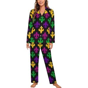 Mardi Gras-patroon met Lilys pyjama met lange mouwen voor vrouwen, klassieke nachtkleding, nachtkleding, zachte pyjama's, loungesets
