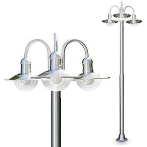 Buitenlamp Elima, kandelaar van roestvrij staal in modern design, met lampenkapjes van glas, 3-armige padlamp 200 cm, tuinlamp met E27 fitting, IP44, zonder gloeilamp