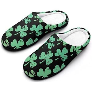 Retro groene klaver patroon dames katoenen pantoffels traagschuim antislip huisschoenen indoor outdoor