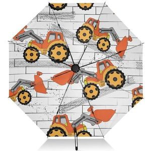 FRODOTGV Oranje Cartoon Tractor Reizen Paraplu Opvouwbare Reverse Compacte Paraplu Voor Regen Zon 8 Ribben Grote Winddicht UV Paraplu Automatische voor Mannen
