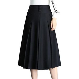 Vrouwen Zwart Bruin Knoop Hoge Taille Geplooide Rok Mid-Lange Zakken Rok, Zwarte Rok, XL