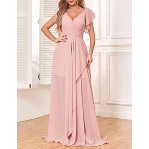 Chiffon galajurken met spleetplooien, bruidsmeisjesjurken voor bruiloft, cocktailjurk, grote maten, Wit, 36