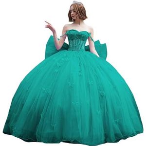 Fuomomo Quinceanera-jurk met dunne bandjes en vlinderglitter, Quinceanera-jurk met vlinders en grote strik, baljurk van kant met parels MT053, Turkoois, 30 NL