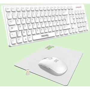 NEWWAY – RF02 draadloos toetsenbord met mat – Frans draadloos toetsenbord (AZERTY) 105 toetsen 13 multimedia-sneltoetsen – wifi-muis 2,4 GHz 6 compacte toetsen – USB-ontvanger – wit