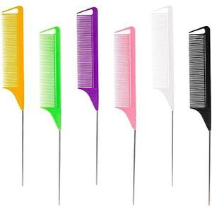6-delige kam, haarkam, koolstofvezel-metalen fijne tandkam, puntige staartkam, professionele verzorgingsset voor markeren, trimmen, stylen, scheiden (meerdere kleuren)
