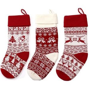 TRIXES Kerst 3 Pack Gebreide Kousen met Sneeuwvlok Patronen - Rood en Wit - 45 cm
