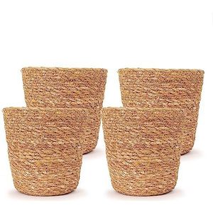 WL Plants - Maki Naturel - Set van 4 - Plantenmand - Plantenmand Binnen - Bloempot - Plantenhouder - Bloempotten voor Binnen - Gemaakt van Riet - 13cm hoog - 12cm diameter - Beige x4