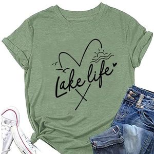 Lake Life Liefde Hart Tees Shirt Vrouwen Lake Vakantie Tops Casual Ronde hals Korte Mouw Trui Zomer Tops, Olijfgroen, M