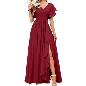 Korte Mouwen Bruidsmeisjesjurken voor Bruiloft Geplooide Chiffon Formele Avondfeest Maxi Jurk met Split AH152, Bordeaux, 32
