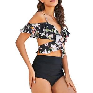 HFYRBDKSPI Vrouwen 2-delige bikini sets met bloemenprint, spaghetti-pijpen, ruches, hoge taille badpak,zwart,S