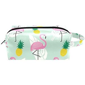 Pineapple Flamingo Patroon Lederen Cosmetische Pouch Bag met handvat, Waterdichte Vierkante Toilettas Reistas, Kleine Potlood Case voor Dames Heren Meisjes Kids