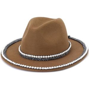 Pegsmio Dames wol Fedora hoed met handgemaakte parel decoratie elegante winter brede rand warme jazz hoed bruiloft hoed, Kaki, 6 7/8-7 1/8