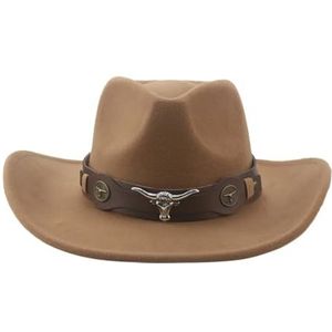 Fedoras hoeden for vrouwen vilten man hoed Panama Western Cowboy Band Casual Vintage brede rand cowboyhoed (Color : 2khaki, Size : 56-58cm)