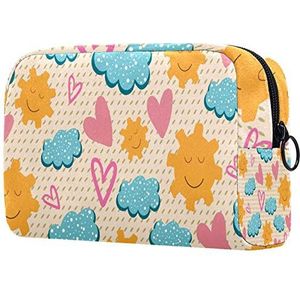 Dames Make-up Tas Meisje Cosmetische Tassen Toilettas Organizer Pouch met Rits Leuke Zonnige Wolken Roze Liefde Hart