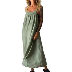 Eenvoudige katoenen linnen jurk dames zomer zachte casual effen grote maat katoen linnen mouwloos, Groen, 4XL