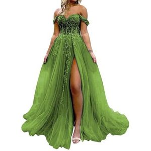 HPPEE Dames off-shoulder galajurken met split kant applicatie glitter tule formele jurk lange baljurk, Olijfgroen, 32