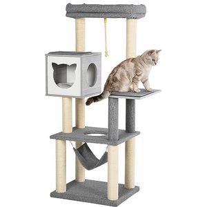 PawHut krabpaal kattenboom klimboom voor katten activity center met meerdere verdiepingen met kattengrot hangmat zacht kussen E1 spaanplaat grijs & wit 59 x 48 x 155 cm
