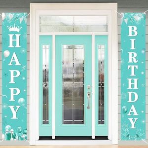 Groenblauwe Happy Birthday-deurbanner, Happy Birthday-decoraties voor meisjes, groenblauwe verjaardagsbanner voor veranda, groenblauw gekleurde verjaardagsfeestbanner voor haar 10e, 13e, 16e, 18e 21e