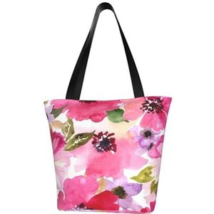 BeNtli Schoudertas, canvas draagtas grote tas vrouwen casual handtas herbruikbare boodschappentassen, aquarel bloemen roze fuchsia, zoals afgebeeld, Eén maat