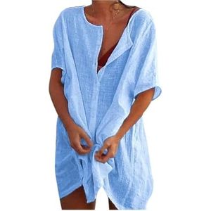 Badpak Dames Zee Sexy Strand Badpak Cover Up Dames Blouse Strandhemd Lange Blouse van Katoen Linnen Casual Effen Strandjurk (Blauw, X
