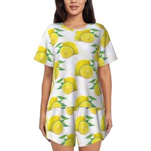 Gele Citroenprint Dames Zomer Zachte Tweedelige Bijpassende Outfits Korte Mouw Pyjama Lounge Pyjama Sets, Zwart, 3XL