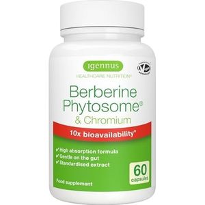 Igennus Geavanceerd Berberine Fytosoom 550mg en Chroompicolinaat, Super Biologisch Beschikbaar, Gestandaardiseerd Extract en Clean Label, Supplement voor Bloedsuikerregulatie, Veganistisch, 60 Capsule