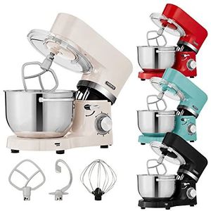 Arebos Keukenmachine 1500W Cream | Mixer met 2x roestvrijstalen mengkommen | Geluidsarm | Keukenmixer met klopperhaak, kneedhaak, garde en spatscherm | 6 snelheden