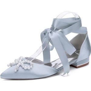 EICOFF Dames Pearl Flat Trouwschoenen Puntige Teen Lage hak Pompschoenen Jurk Werk Sandalen Satijnen Bruids Avond Feestschoenen,Zilver,36 EU