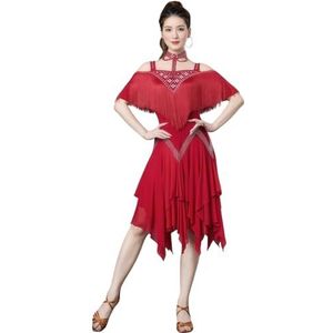 Tytyozay Latijns-Amerikaanse dansjurk voor dames met ketting, modieuze off-shoulder podiumjurk met franje en strass-steentjes performancekostuum asymmetrische rok voor Rumba Samba Cha-Cha,Rood,L
