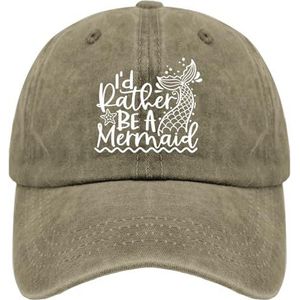 Dad Hats I'd Rather be a Mermaid Trucker Cap voor vrouwen, cool gewassen denim, verstelbaar voor wandelcadeaus, Pigment Khaki, one size