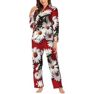 Ouyniei Rode Bloem En Wit Daisy Vrouwen Lange Mouwen Pyjama Knop Shirt Set 2 Stuk Nachtkleding Voor Dames S-Xxl, Zwart, S